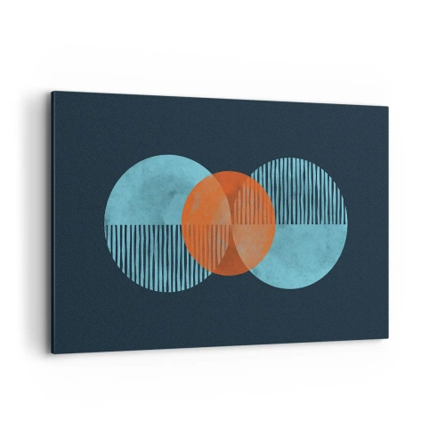 Obraz na płótnie - Geometryczne koła w odcieniach niebieskiego i pomarańczowego - 120x80cm - Kompozycja symetryczna - Nowoczesna dekoracja ścienna do salonu, kuchni i sypialni ARTTOR