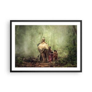 Plakat w czarnej ramie - Dzieci z słoniem w zielonym lesie w świetle poranka - 70x50cm - Nowa Księga Dżungli - Nowoczesna dekoracja ścienna do salonu i sypialni ARTTOR