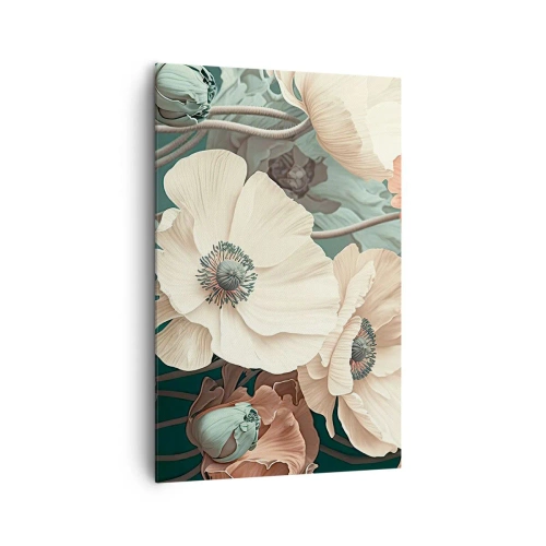 Obraz na płótnie - Eleganckie kwiaty w pastelowych odcieniach na zielonym tle - 80x120cm - Szept maków - Nowoczesna dekoracja ścienna do salonu i sypialni ARTTOR