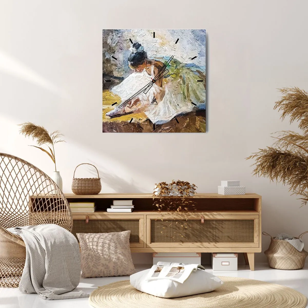 Zegar ścienny - Balerina w białej sukni w malarskim stylu na tle impresjonistycznym - 30x30cm - Z obrazu Degasa - Nowoczesna dekoracja ścienna do salonu i sypialni ARTTOR