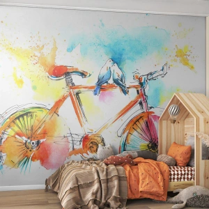 Fototapeta Premium Sand - Kolorowy rower z ptakami w akwarelowym stylu - 100x70cm - We dwoje na rowerze - Nowoczesna dekoracja ścienna do salonu, kuchni i sypialni ARTTOR