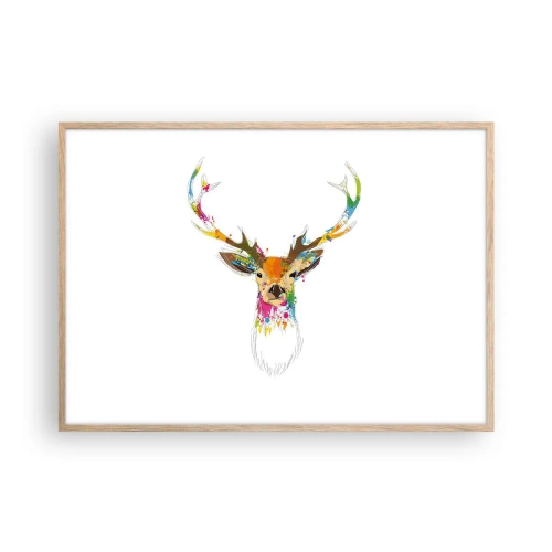 Plakat w ramie jasny dąb - Łagodny jelonek skąpany w kolorze - 100x70 cm