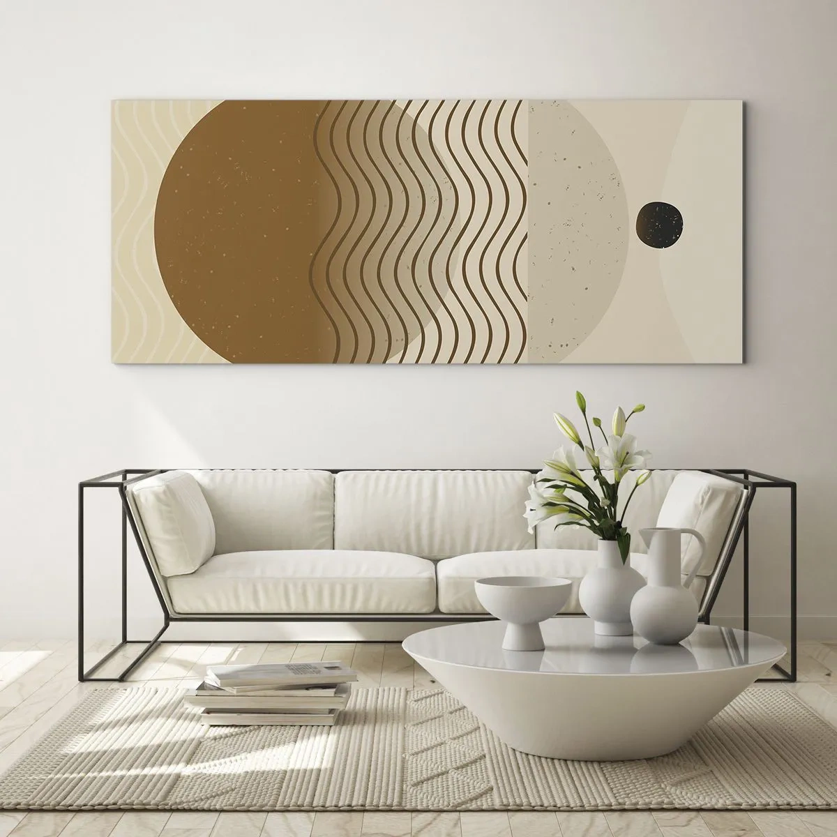 Obraz na szkle - Geometryczna abstrakcja z kołami i falistymi liniami w ciepłych barwach - 120x50cm - O pochodzeniu figur geometrycznych - Nowoczesna dekoracja ścienna do salonu i sypialni ARTTOR