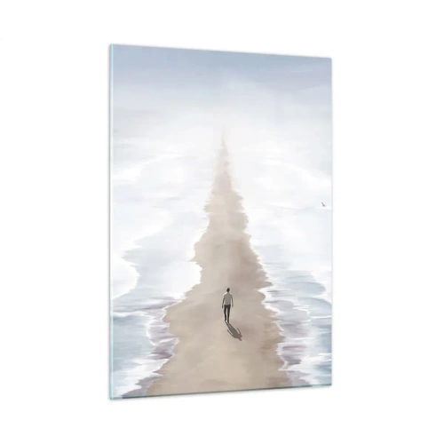 Obraz na szkle - Postać idąca samotnie w stronę horyzontu pośród fal - 50x70cm - Jasna przyszłość - Nowoczesna dekoracja ścienna do salonu, kuchni i sypialni ARTTOR
