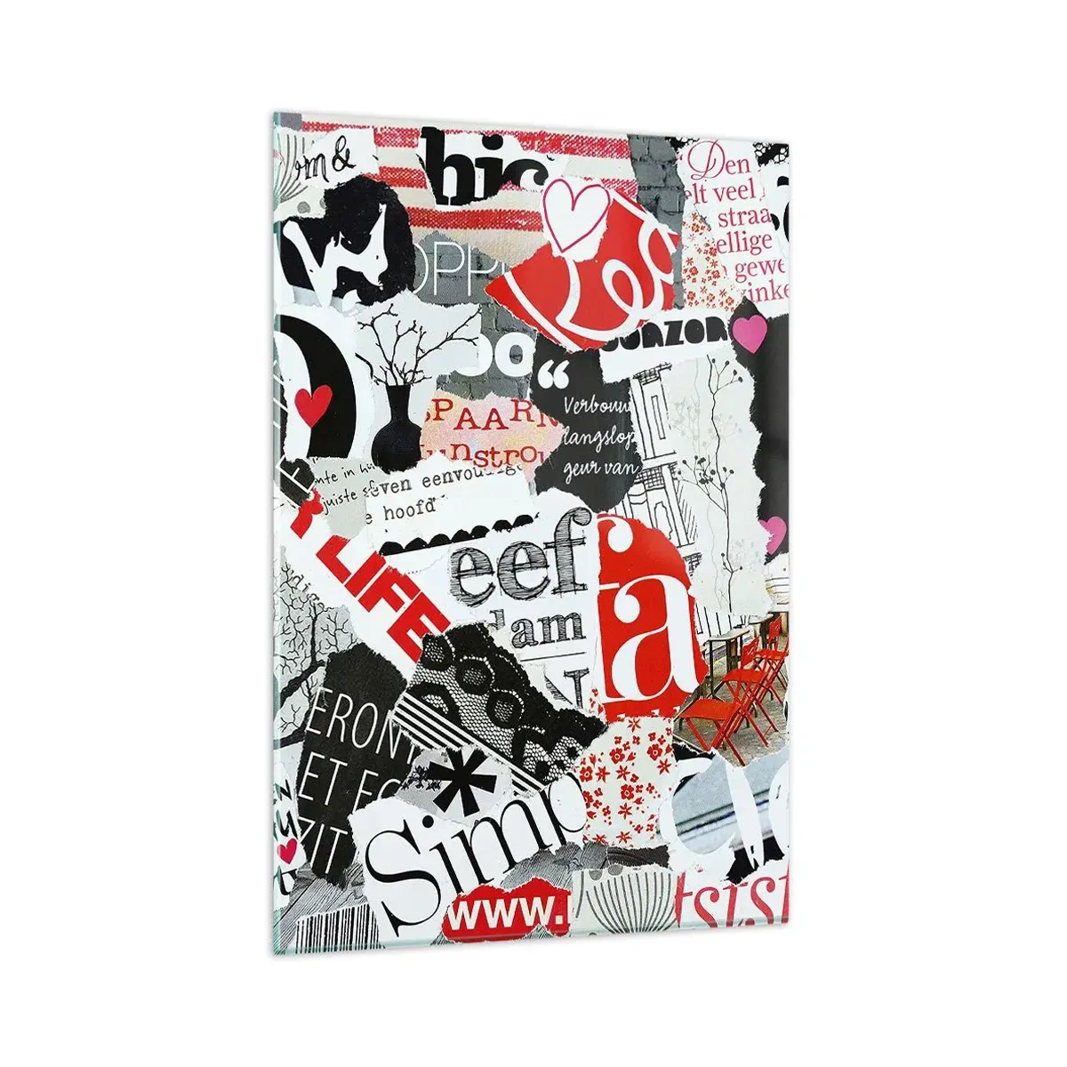 Obraz na szkle - Kolorowy kolaż z napisami, sercami i grafikami - 80x120cm - Hipsterski kolaż - Nowoczesna dekoracja ścienna do salonu i sypialni ARTTOR