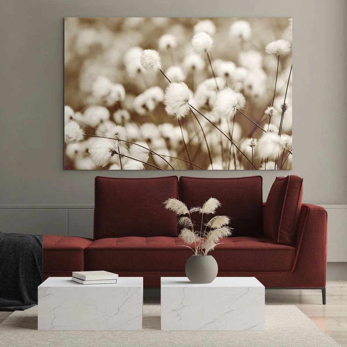 Obraz na szkle - Pole puszystych traw w odcieniach sepii - 70x50cm - Puszysty łan - Nowoczesna dekoracja ścienna do salonu i sypialni ARTTOR