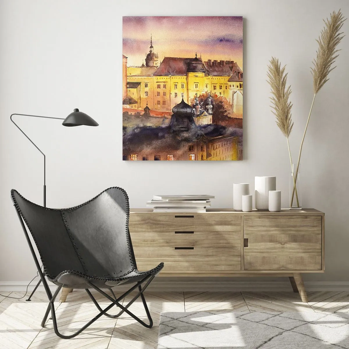 Obraz na szkle - Akwarelowa ilustracja zamku na wzgórzu o zachodzie słońca - 50x70cm - Historia i baśń - Nowoczesna dekoracja ścienna do salonu, kuchni i sypialni ARTTOR