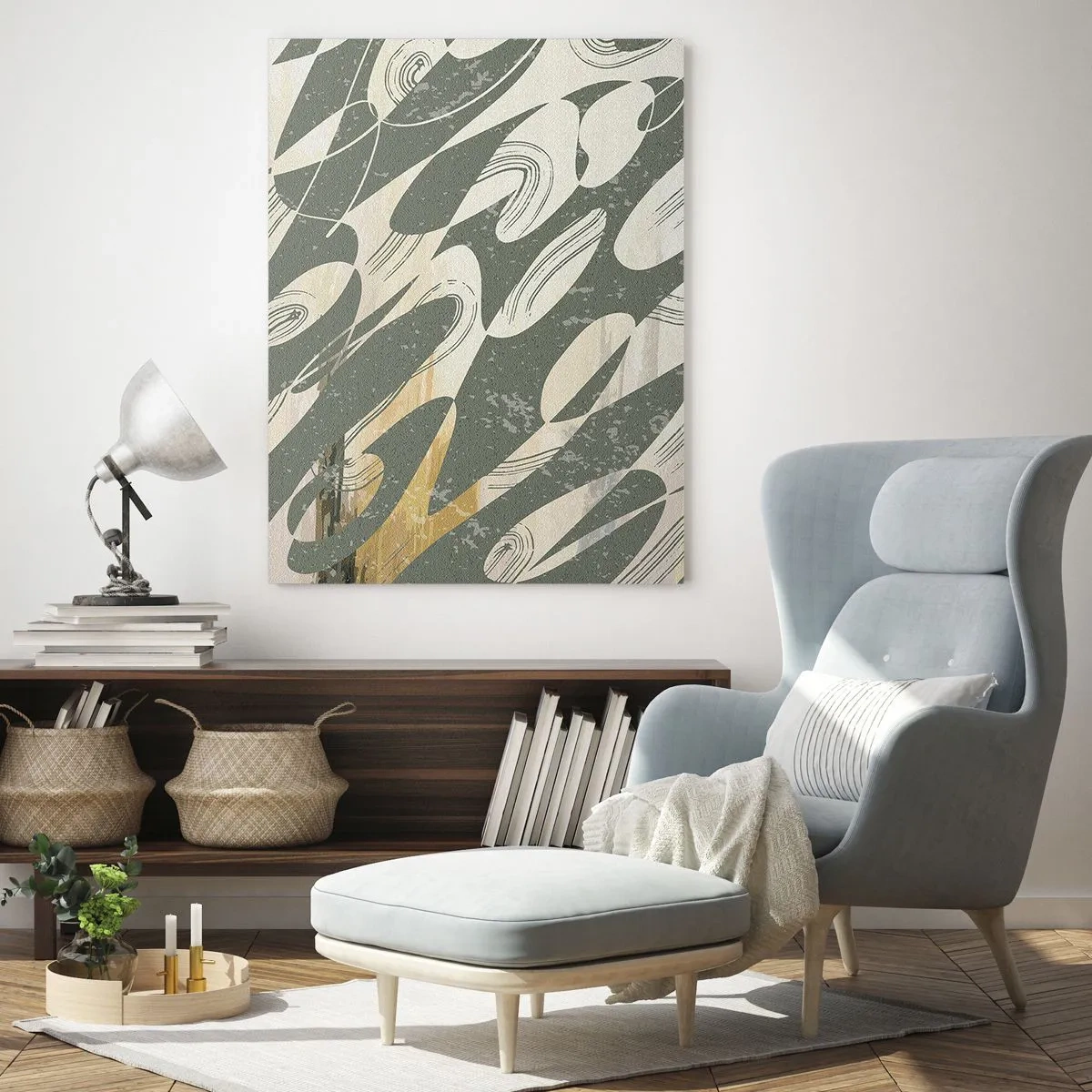 Obraz na szkle - Dynamiczne kształty w zielonych i złotych odcieniach - 80x120cm - Abstrakcja zrytmizowana - Nowoczesna dekoracja ścienna do salonu i sypialni ARTTOR