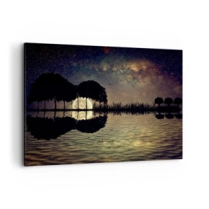 Obraz na płótnie - Magiczna noc z drzewami i odbiciem księżyca na wodzie - 120x80cm - Noc na krańcu świata - Nowoczesna dekoracja ścienna do salonu, kuchni i sypialni ARTTOR