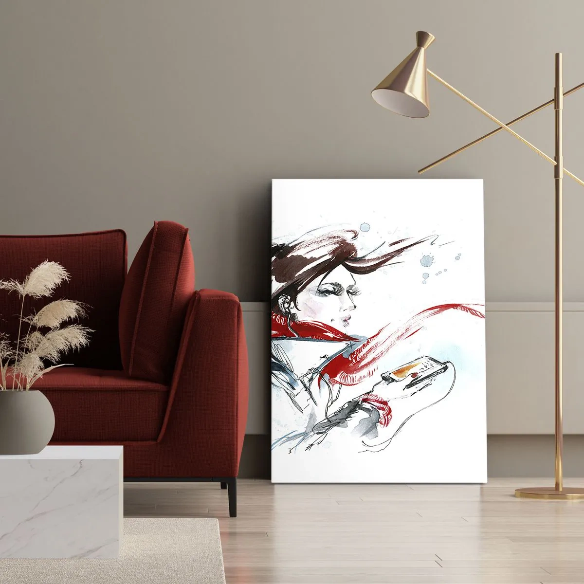 Obraz na płótnie - Kobieta w zimowym płaszczu z czerwonym szalikiem w dynamicznej kompozycji - 50x70cm - Coś we mnie gra - Nowoczesna dekoracja ścienna do salonu, kuchni i sypialni ARTTOR