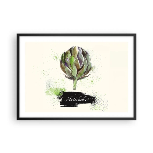 Plakat w czarnej ramie - Akwarelowy karczoch z napisem na jasnym tle z zielonymi akcentami - 70x50cm - Eviva warzywa! - Nowoczesna dekoracja ścienna do salonu i sypialni ARTTOR
