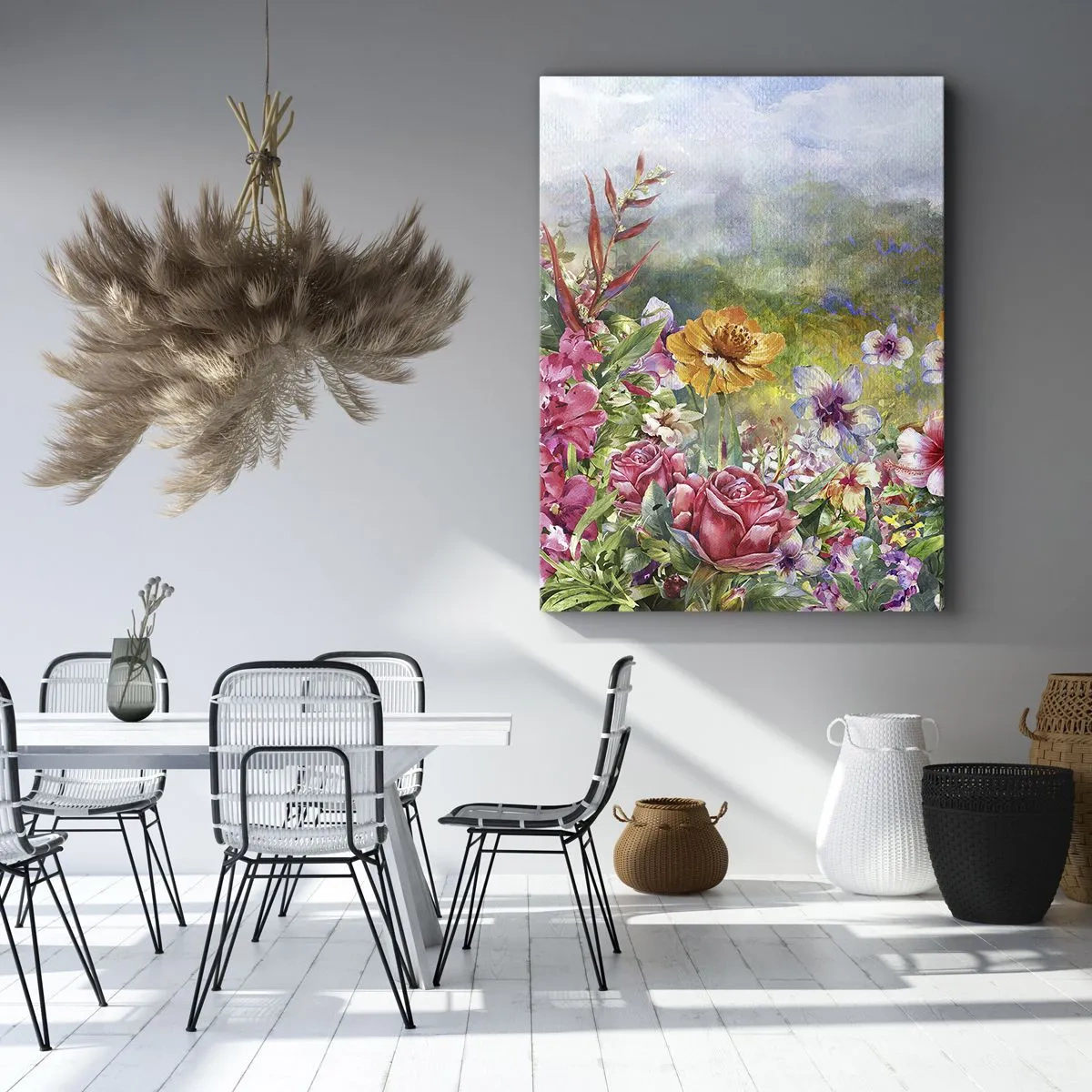 Obraz na płótnie - Barwna kompozycja kwiatów na tle pejzażu w pastelowych kolorach - 80x120cm - Ogród, który oszalał - Nowoczesna dekoracja ścienna do salonu i sypialni ARTTOR