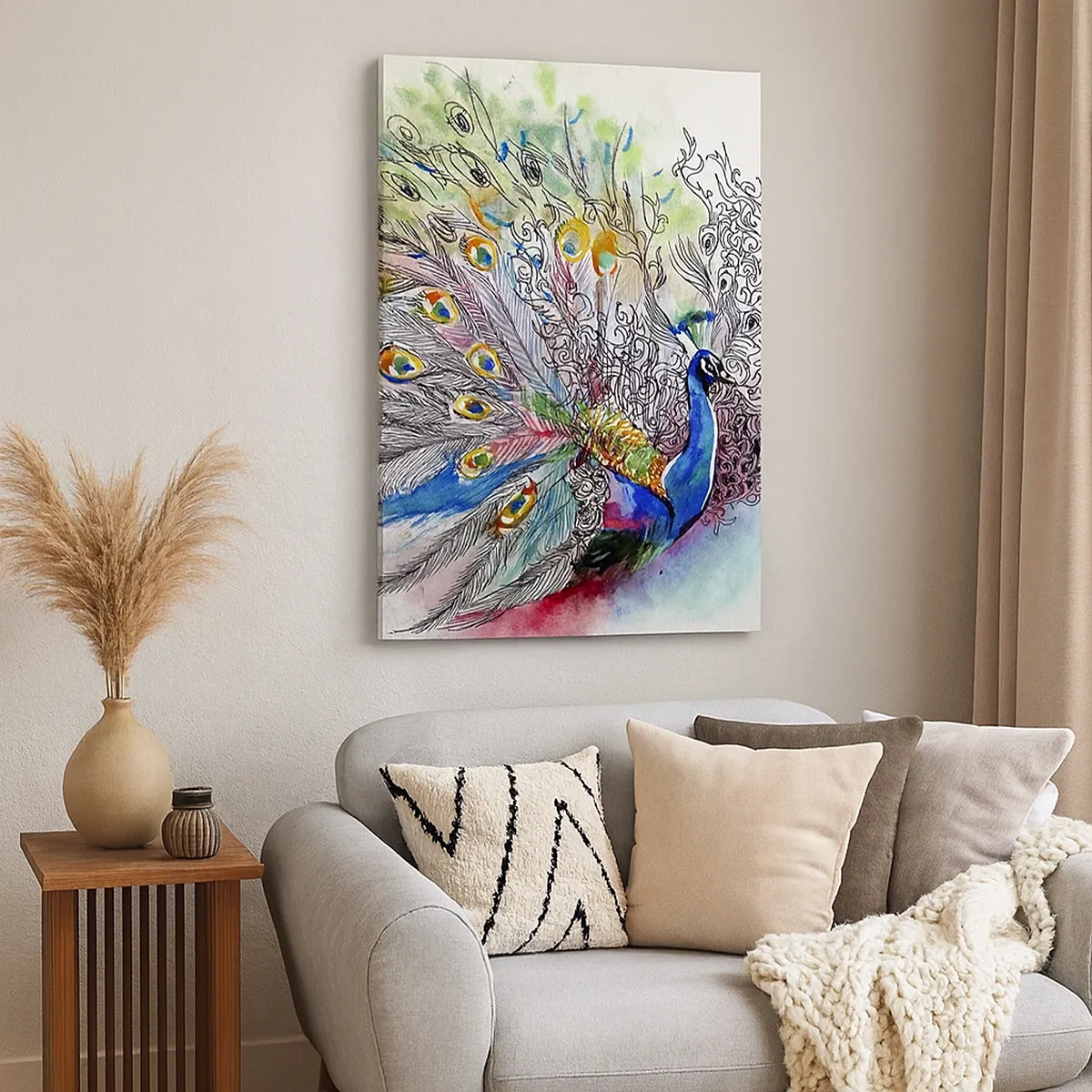 Obraz na płótnie - Kolorowy paw w artystycznej akwarelowej kompozycji - 50x70cm - Z dumą przeciw szarości - Nowoczesna dekoracja ścienna do salonu, kuchni i sypialni ARTTOR