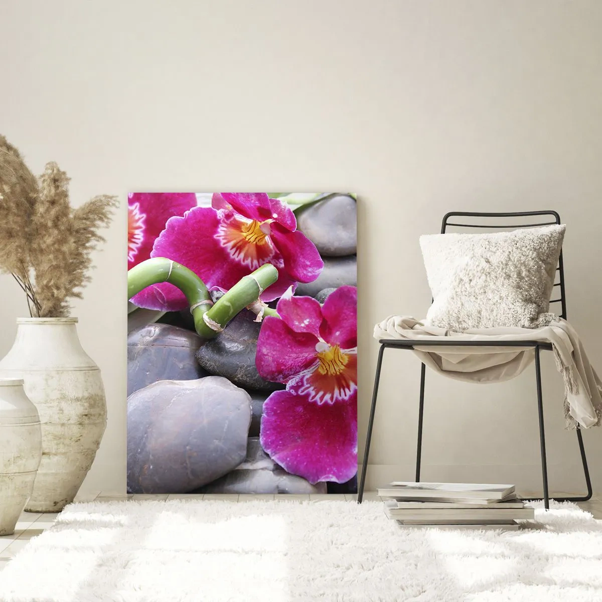 Obraz na szkle - Różowe orchidee z bambusem na kamieniach - 50x70cm - Chłód i żar - Nowoczesna dekoracja ścienna do salonu, kuchni i sypialni ARTTOR