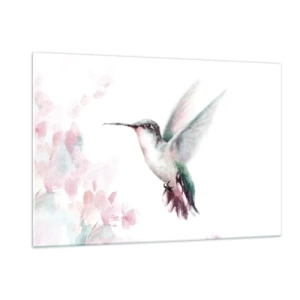 Obraz na szkle - Kolorowy koliber w delikatnej akwareli - 120x80cm - Zatrzymany w trzepocie - Nowoczesna dekoracja ścienna do salonu, kuchni i sypialni ARTTOR