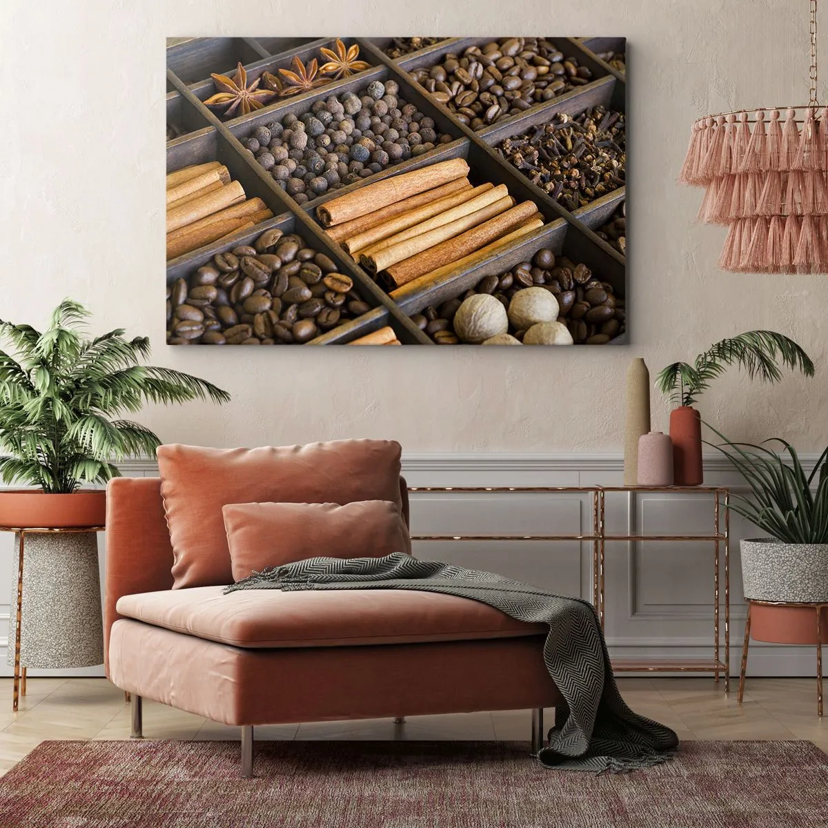 Obraz na płótnie - Przyprawy i kawa w drewnianych przegródkach - 120x80cm - Skarbiec aromatów - Nowoczesna dekoracja ścienna do salonu, kuchni i sypialni ARTTOR