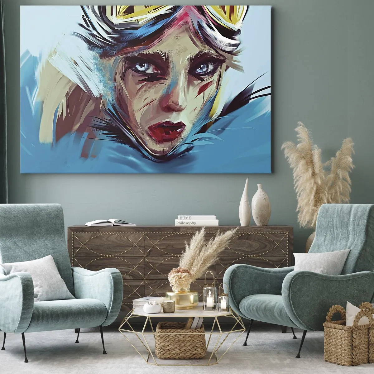 Obraz na płótnie - Portret kobiety w dynamicznych kolorach i abstrakcyjnym stylu - 70x50cm - Wojowniczka szos - Nowoczesna dekoracja ścienna do salonu i sypialni ARTTOR