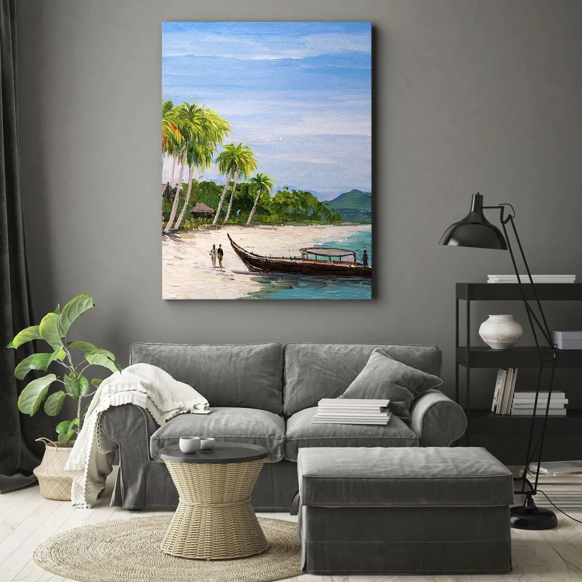 Obraz na płótnie - Tropikalna plaża z palmami, łodzią i turkusowym morzem - 50x70cm - Egzotyczny sen - Nowoczesna dekoracja ścienna do salonu, kuchni i sypialni ARTTOR