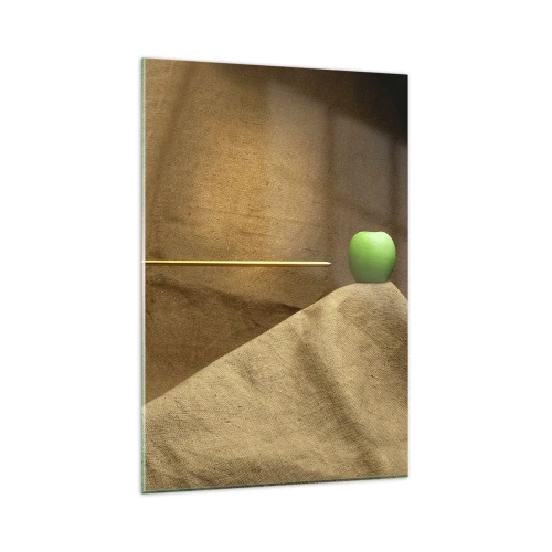 Obraz na szkle - Zielone jabłko na tkaninie ze strzałą tworzącą kompozycję - 80x120cm - Przywołać ducha Wilhelma Tella - Nowoczesna dekoracja ścienna do salonu i sypialni ARTTOR