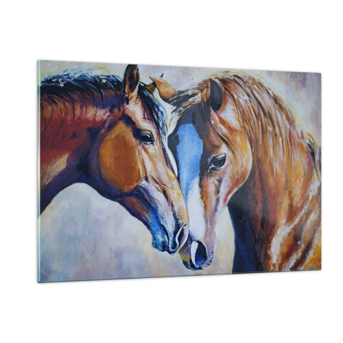Obraz na szkle - Dwa konie w czułym geście bliskości - 120x80cm - Czy to jest przyjaźń? czy to jest kochanie? - Nowoczesna dekoracja ścienna do salonu, kuchni i sypialni ARTTOR