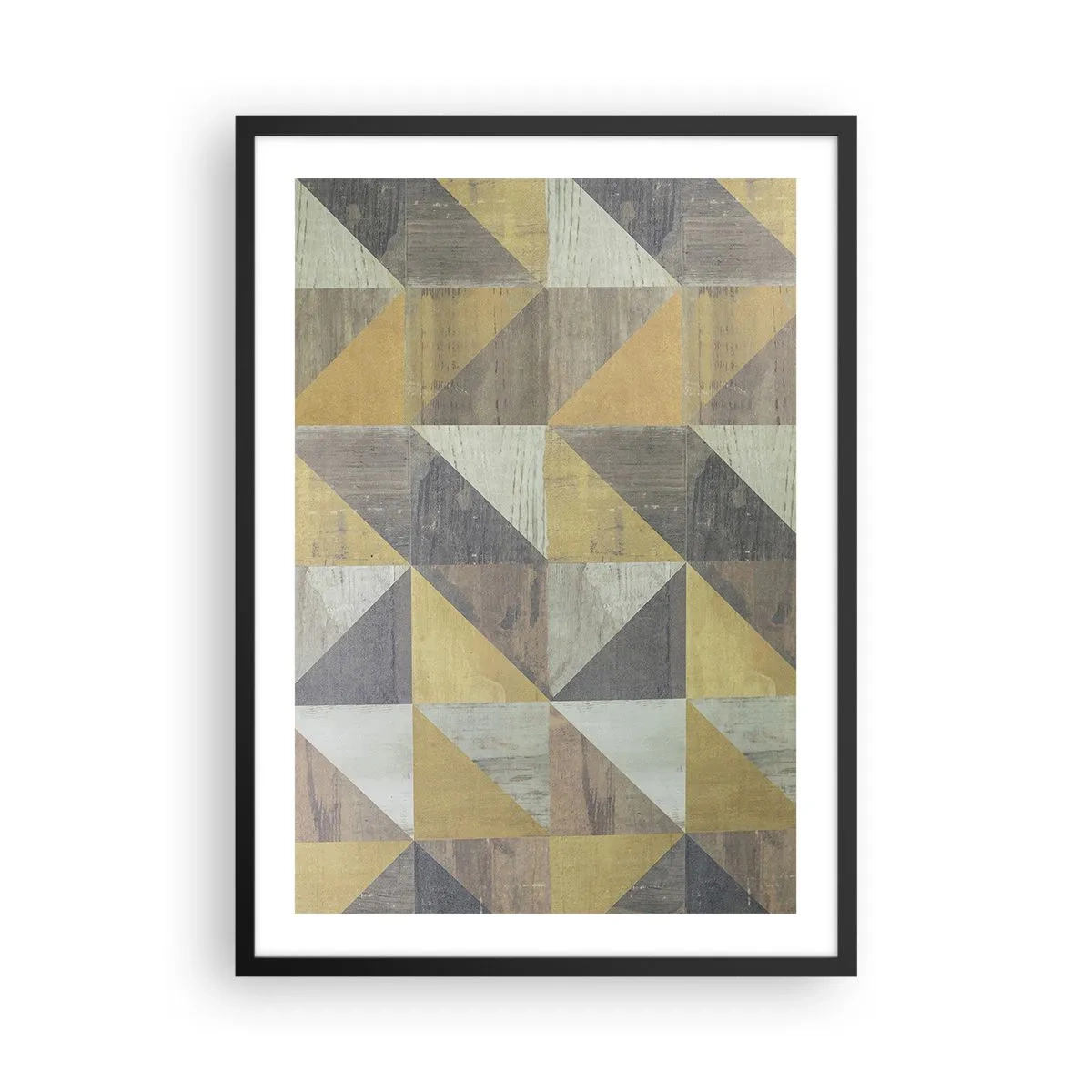 Plakat w czarnej ramie - Geometryczny wzór w odcieniach złota i szarości - 50x70cm - Pod kątem trójkąta - Nowoczesna dekoracja ścienna do salonu i sypialni ARTTOR