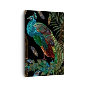 Obraz na płótnie - Pawie przy złotej klatce na czarnym tle - 80x120cm - W królewskich szatach - Nowoczesna dekoracja ścienna do salonu i sypialni ARTTOR