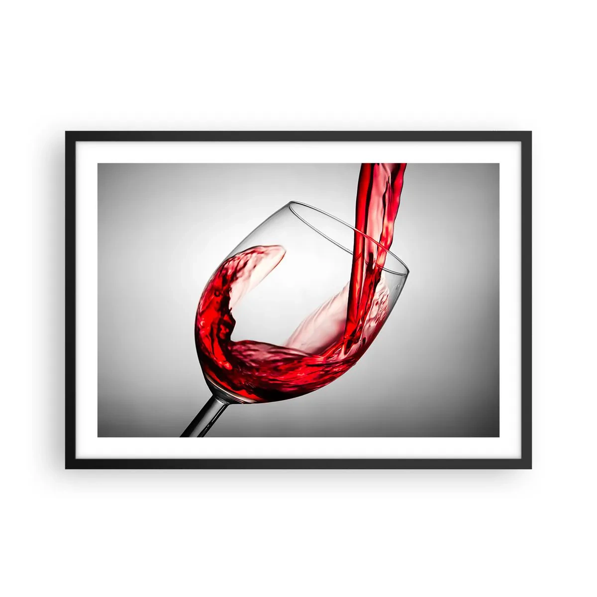 Plakat w czarnej ramie - Kieliszek z czerwonym winem podczas nalewania na jasnym tle - 70x50cm - Barwa - ruch - dźwięk - Nowoczesna dekoracja ścienna do salonu i sypialni ARTTOR