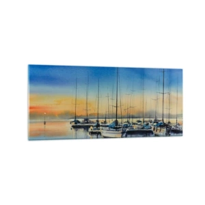 Obraz na szkle - Port jachtowy o zachodzie słońca z odbiciami na wodzie - 120x50cm - Koniec dobrego dnia - Nowoczesna dekoracja ścienna do salonu i sypialni ARTTOR