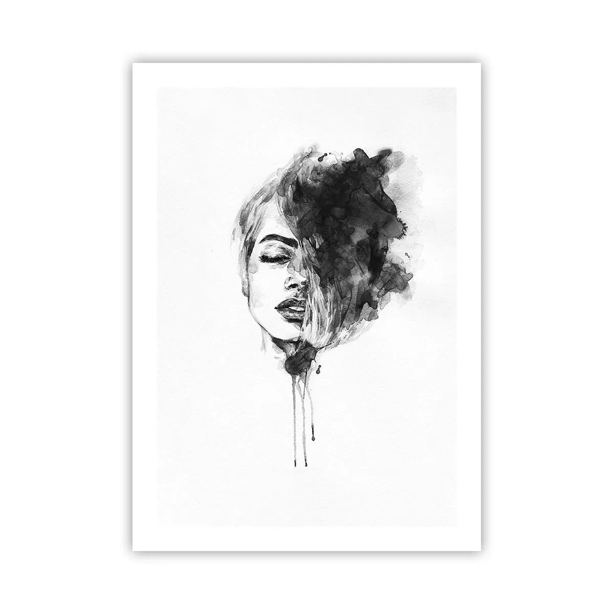 Plakat - Portret kobiety w czarno-białej akwareli - 50x70cm - O czym marzy dziewczyna - Nowoczesna dekoracja ścienna do salonu, kuchni i sypialni ARTTOR