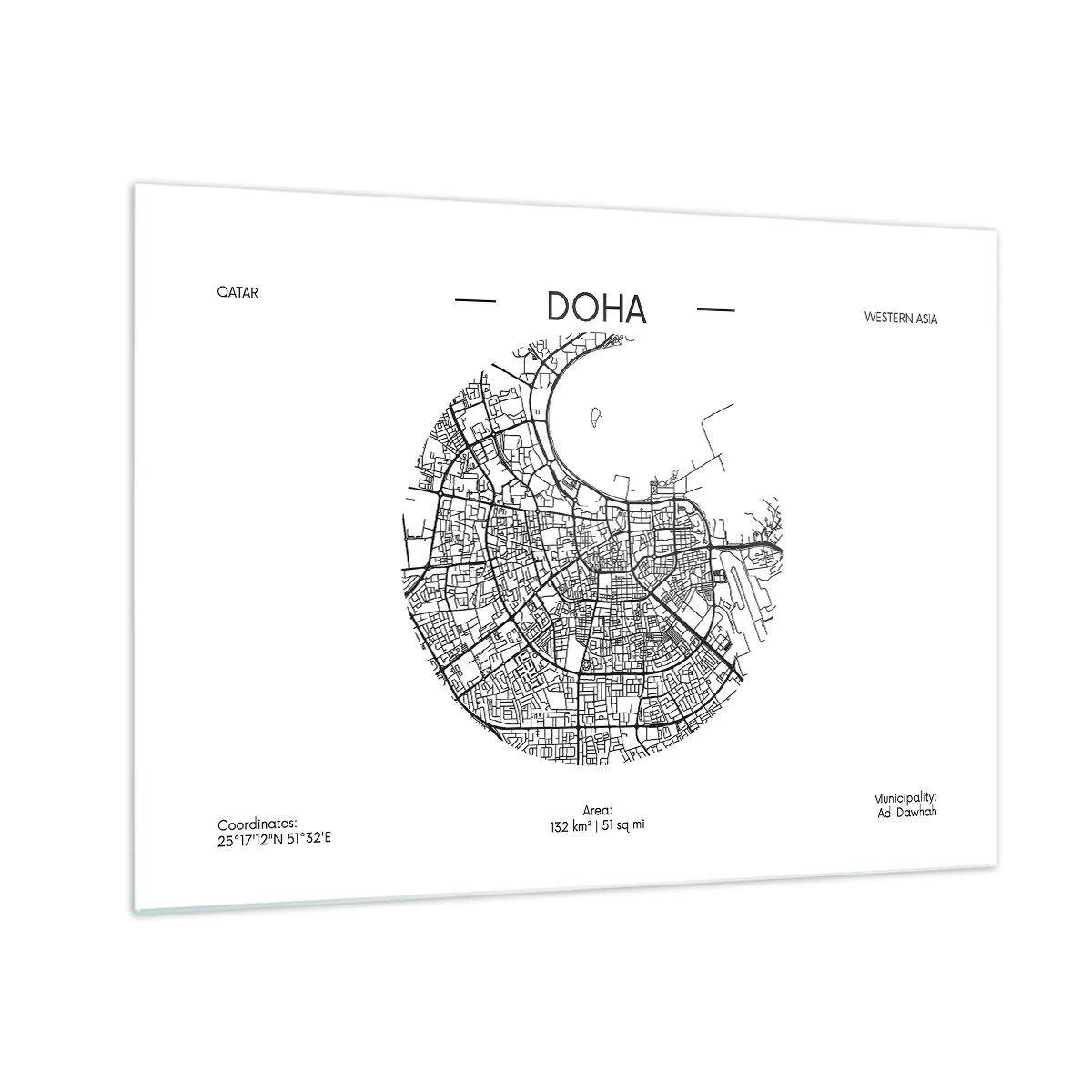 Obraz na szkle - Graficzna mapa Dohy w czarno-białym stylu minimalistycznym - 70x50cm - Anatomia Dohy - Nowoczesna dekoracja ścienna do salonu i sypialni ARTTOR