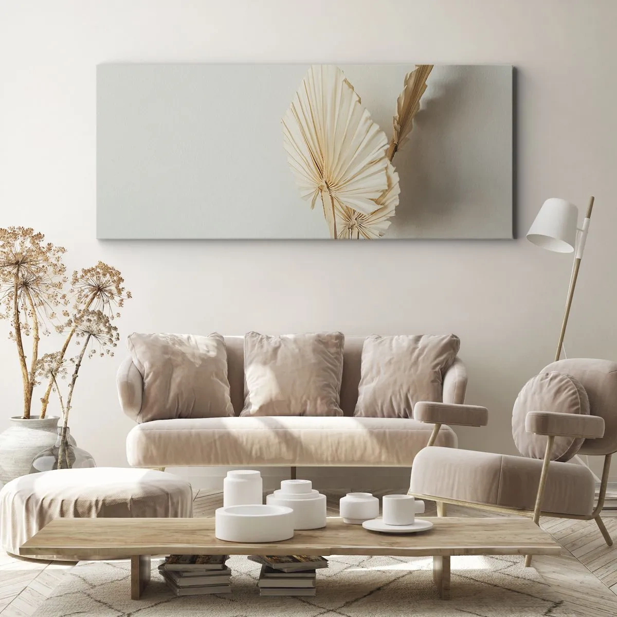 Obraz na płótnie - Suszone liście palmowe w minimalistycznej aranżacji - 140x50cm - Gdy potrzebne ukojenie - Nowoczesna dekoracja ścienna do salonu i sypialni ARTTOR