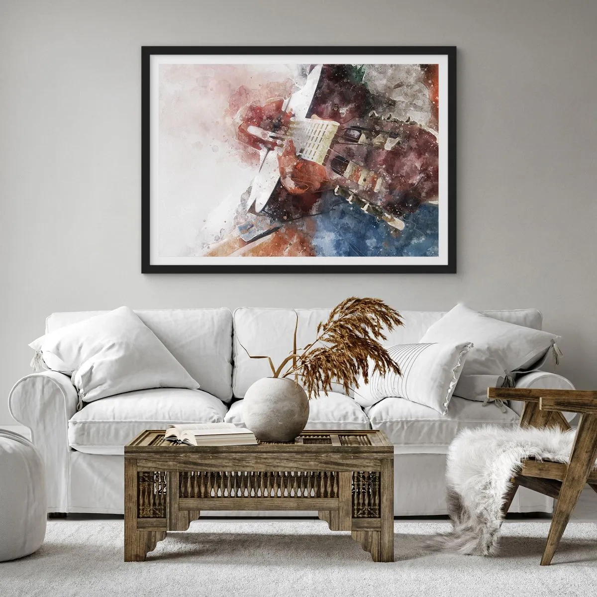Plakat w czarnej ramie - Artystyczne ujęcie gitary w akwarelowym stylu - 70x50cm - I co o tym myślisz? - Nowoczesna dekoracja ścienna do salonu i sypialni ARTTOR