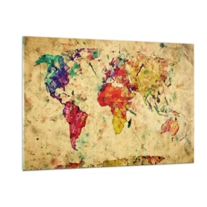 Obraz na szkle - Kolorowa mapa świata na teksturowanym, vintage tle - 120x80cm - Życie jak barwny papier mapy - Nowoczesna dekoracja ścienna do salonu, kuchni i sypialni ARTTOR