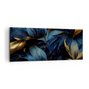Obraz na płótnie - Eleganckie liście w złotych i granatowych odcieniach - 120x50cm - Złotem podszyte - Nowoczesna dekoracja ścienna do salonu i sypialni ARTTOR