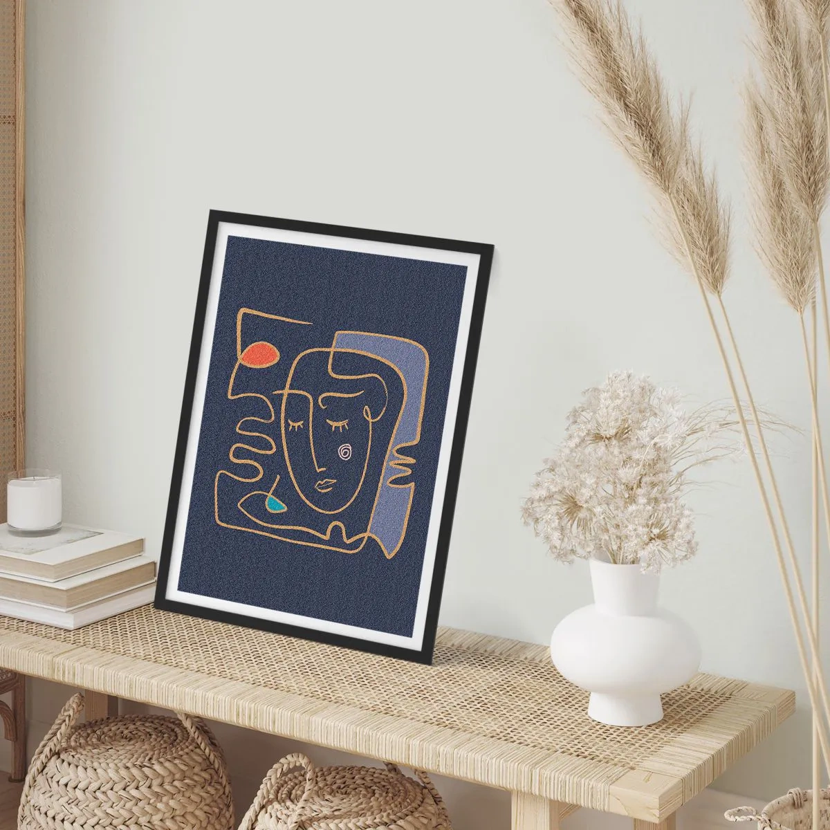 Plakat w czarnej ramie - Minimalistyczna abstrakcyjna twarz na granatowym tle w stylu line art - 50x70cm - W zamyśleniu - Nowoczesna dekoracja ścienna do salonu i sypialni ARTTOR