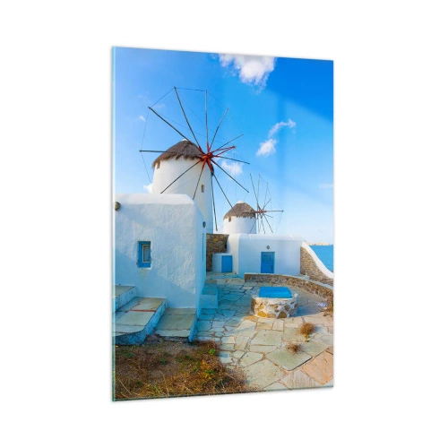 Obraz na szkle - Wiatraki na wybrzeżu Morza Egejskiego - 50x70cm - Błękitny wiatr od morza - Nowoczesna dekoracja ścienna do salonu, kuchni i sypialni ARTTOR
