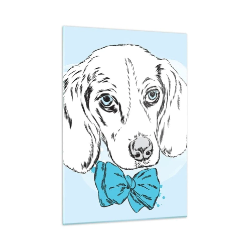 Obraz na szkle - Rysunek psa z muszką na niebieskim tle - 50x70cm - Psia elegancja - Nowoczesna dekoracja ścienna do salonu, kuchni i sypialni ARTTOR