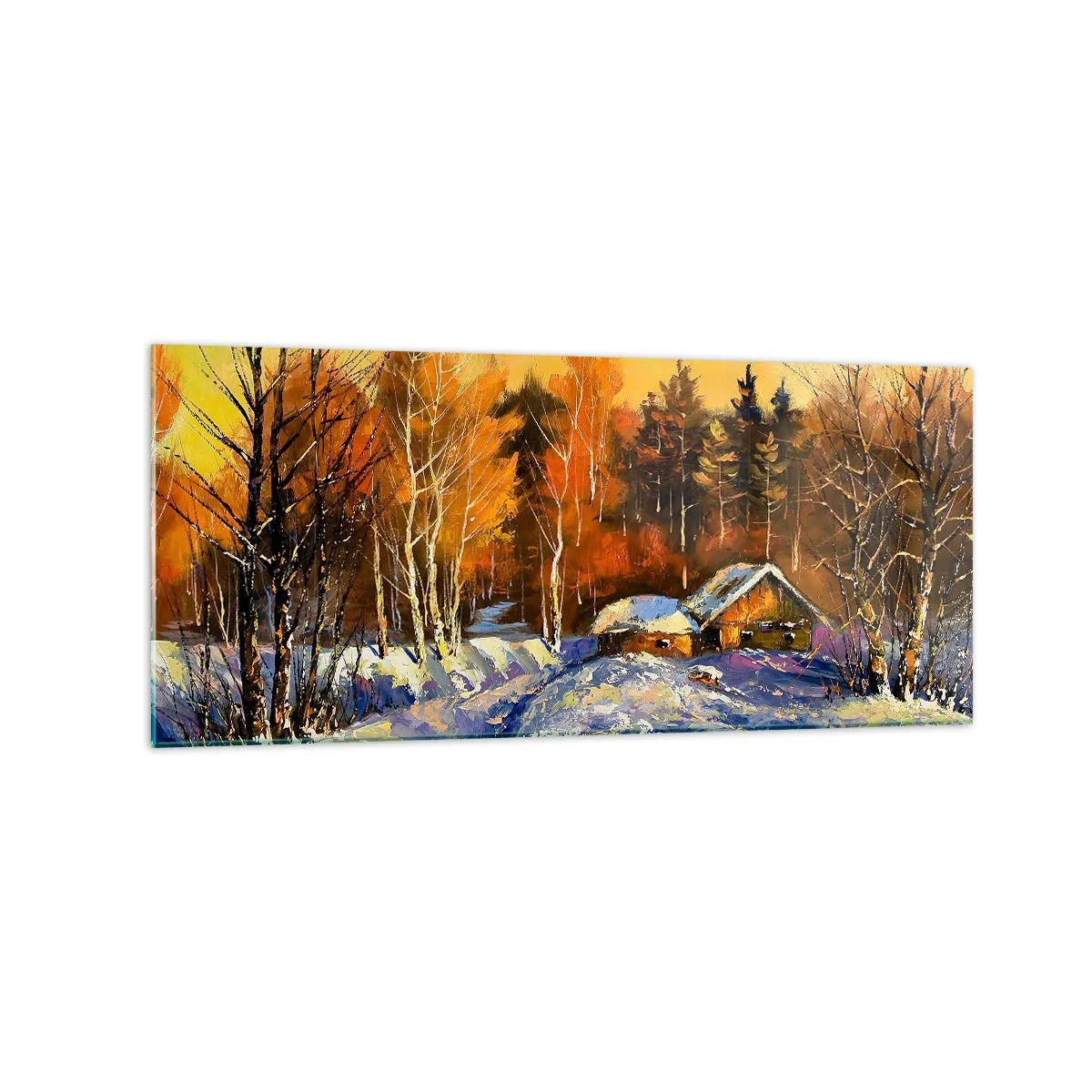 Obraz na szkle - Zimowy krajobraz z domem w świetle zachodzącego słońca - 120x50cm - Zimowa impresja w słońcu - Nowoczesna dekoracja ścienna do salonu i sypialni ARTTOR