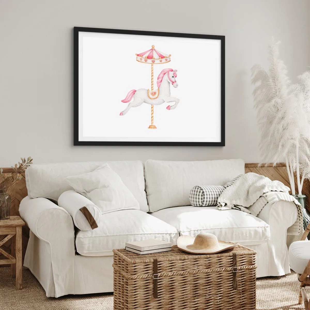 Plakat w czarnej ramie - Koń z karuzeli w pastelowych odcieniach różu - 70x50cm - Ruszył z kopyta - Nowoczesna dekoracja ścienna do salonu i sypialni ARTTOR
