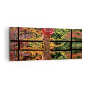 Obraz na płótnie - Kobieta w kimonie z parasolem na tle jesiennego krajobrazu - 120x50cm - W świątyni natury - Nowoczesna dekoracja ścienna do salonu i sypialni ARTTOR