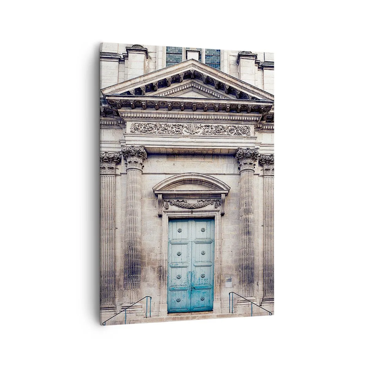 Obraz na płótnie - Zabytkowa fasada z kolumnami i niebieskimi drzwiami - 70x100cm - Brama do świata ducha - Nowoczesna dekoracja ścienna do salonu i sypialni ARTTOR