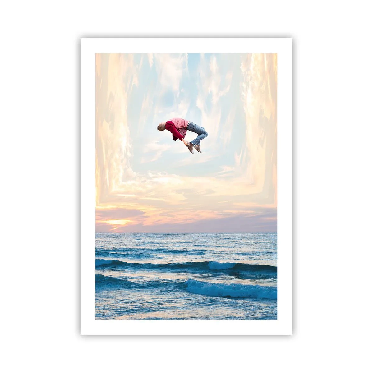 Plakat - Skok mężczyzny w niebo nad oceanem o zachodzie słońca - 50x70cm - Do innego wymiaru - Nowoczesna dekoracja ścienna do salonu, kuchni i sypialni ARTTOR