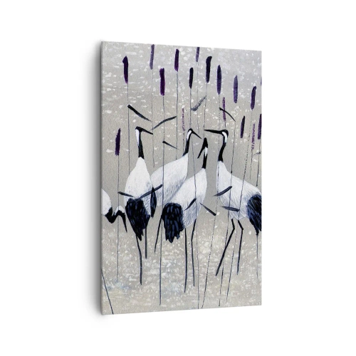 Obraz na płótnie - Czaple wśród traw na spokojnym tle - 80x120cm - Wśród swoich - Nowoczesna dekoracja ścienna do salonu i sypialni ARTTOR