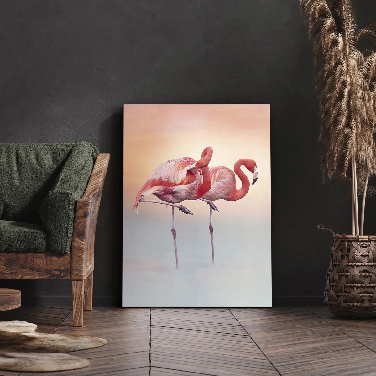 Obraz na płótnie - Flamingi w delikatnych pastelowych barwach na wodnym tle - 70x100cm - W kolorze zachodzącego słońca - Nowoczesna dekoracja ścienna do salonu i sypialni ARTTOR