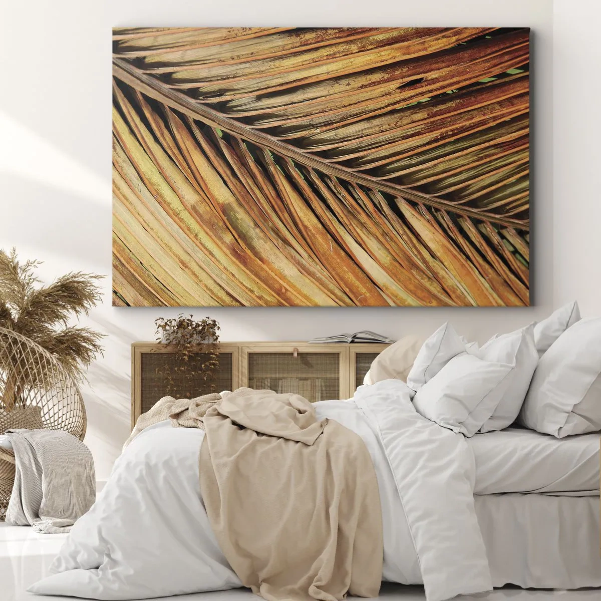Obraz na płótnie - Zbliżenie na suchy liść palmy w ciepłych odcieniach - 70x50cm - Kokosowe złoto - Nowoczesna dekoracja ścienna do salonu i sypialni ARTTOR