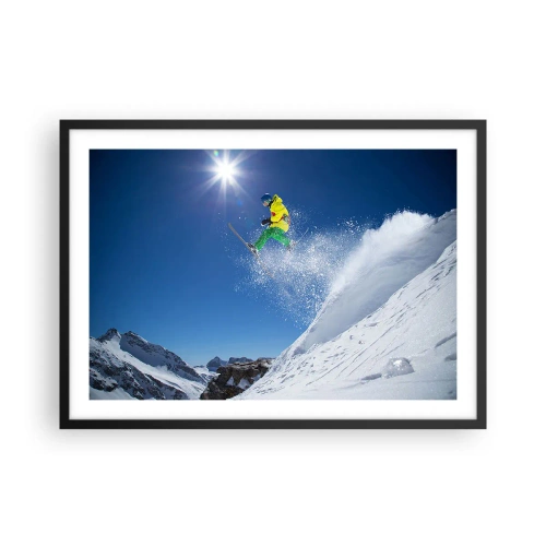Plakat w czarnej ramie - Narciarz w powietrzu na tle gór - 70x50cm - Tańczący z górami - Nowoczesna dekoracja ścienna do salonu i sypialni ARTTOR