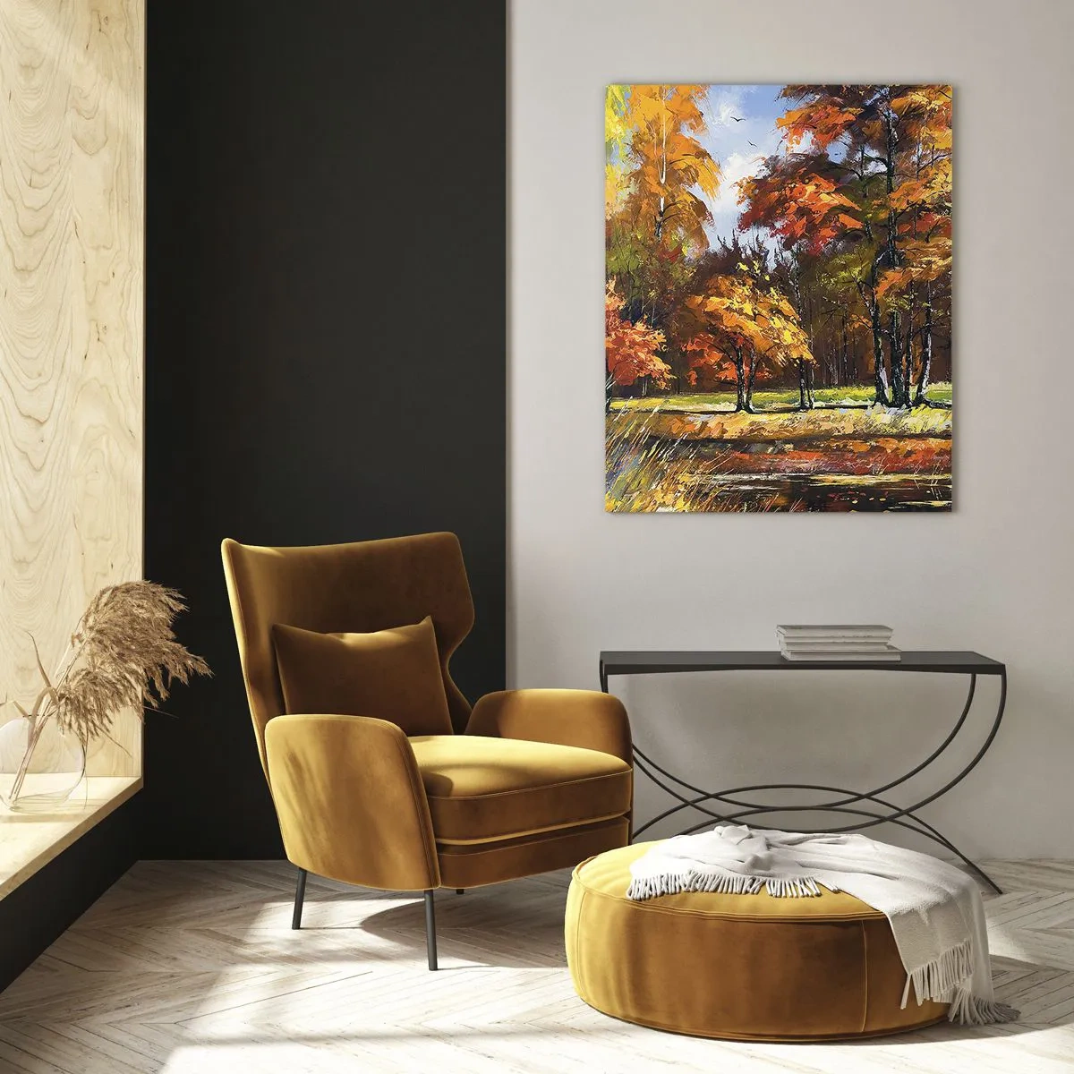 Obraz na szkle - Jesienny pejzaż z drzewami i odbiciem w wodzie - 50x70cm - Pejzaż w złocie i brązie - Nowoczesna dekoracja ścienna do salonu, kuchni i sypialni ARTTOR