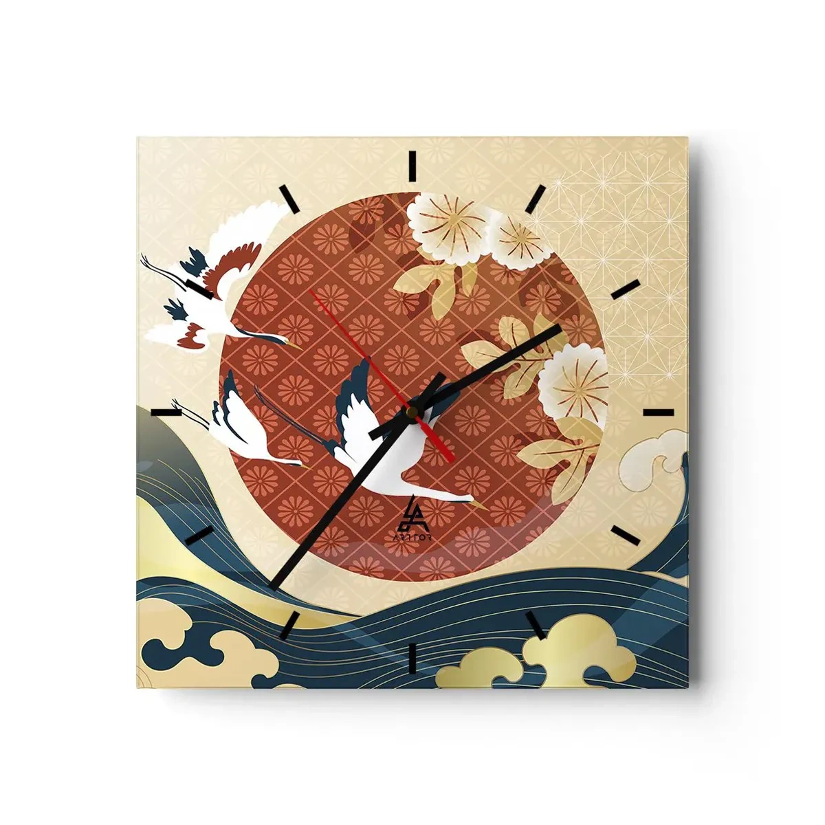 Zegar ścienny - Japońska kompozycja z żurawiami i falami - 30x30cm - Japońska baśń - Nowoczesna dekoracja ścienna do salonu i sypialni ARTTOR