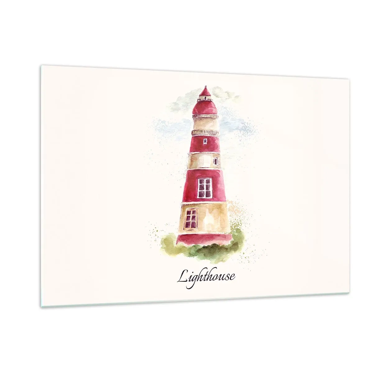 Obraz na szkle - Akwarelowa latarnia morska z napisem Lighthouse - 120x80cm - Wokół zawsze pogoda - Nowoczesna dekoracja ścienna do salonu, kuchni i sypialni ARTTOR