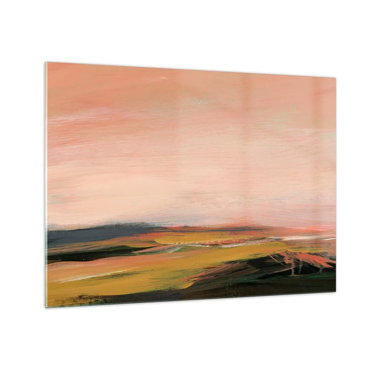 Obraz na szkle - Abstrakcyjny pejzaż w odcieniach różu i złamanej zieleni - 70x50cm - W różowej tonacji - Nowoczesna dekoracja ścienna do salonu i sypialni ARTTOR